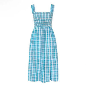 Nicholas Smocked Apron Plaid Midi Dress Turquoise Blue 2 Summer Boho Coastal